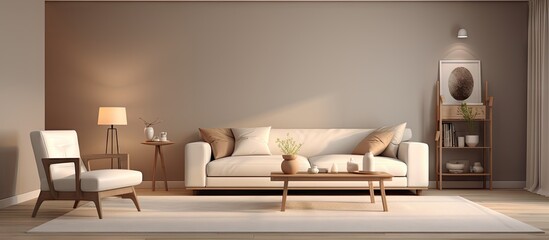 A cozy and brightly lit room in a modern home adorned with comfortable furniture and a mirror provides an inviting ambiance. with copy space image. Place for adding text or design