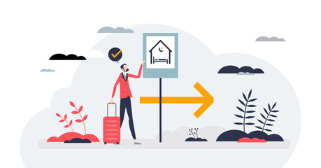 Booking a hotel and service to reserve accommodation tiny person concept, transparent background. Bed and breakfast in hostel or apartment illustration.