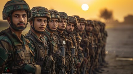 Group of pakistani army soldiers standing in front of sun evening time