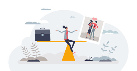 Work life balance as equal time for career and family tiny person concept, transparent background. Scale with professional life and relationship values illustration.