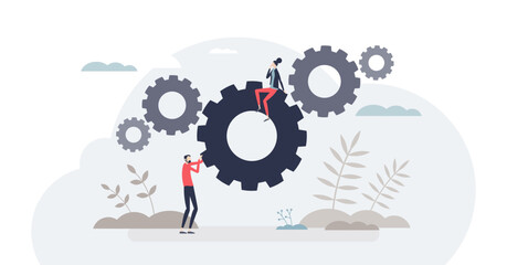 Workflow automation tools for work task optimization tiny person concept, transparent background. Efficiency and productivity improvement with automatic process systems illustration.