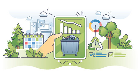 Waste reduction and garbage recycling eco strategy outline hands concept, transparent background. Plan with nature conservation and reducing trash storage amount illustration.