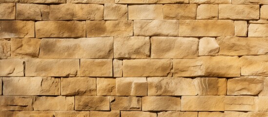 A close up image of the textured and rough light brown or yellow stone wall serves as a background It features an art pattern serving as an abstract concept for wallpaper or other uses