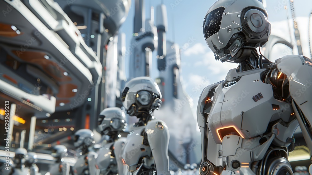 Aufkleber a futuristic city powered by artificial intelligence, with robots and ai-driven infrastructure, in a