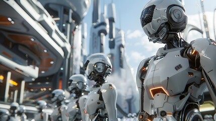 Fototapeta premium A futuristic city powered by Artificial Intelligence, with robots and AI-driven infrastructure, in a sleek, high-tech environment 