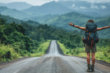 Young solo backpacker thumbing a ride on remote mountain road  - Powered by Adobe