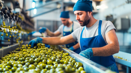 Workers sorting and washing olives in factory, isolated on a cool blue gradient background