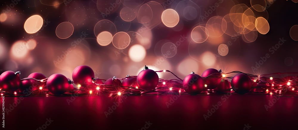 Poster copy space image of a dark burgundy red christmas blur background with glowing lights from the garla