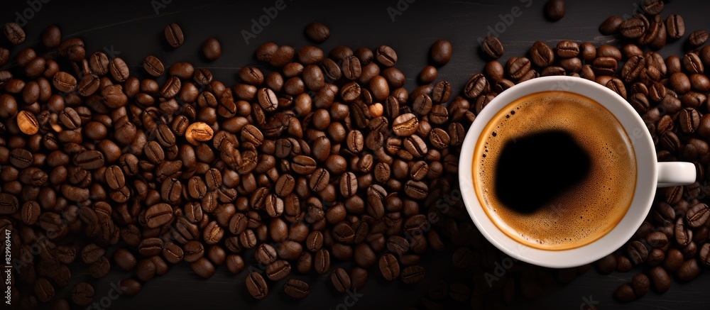 Poster An espresso coffee is displayed on an old background alongside a copy space image of coffee beans