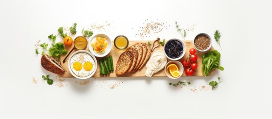 A bird s eye view of a diet focused arrangement featuring various healthy food items including crispy round fitness bread a bottle of yogurt buckwheat noodles and a plastic egg tray The arrangement i - Powered by Adobe