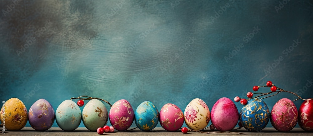 Poster a copy space image featuring pastel colored easter eggs painted on a cracked antique background perf
