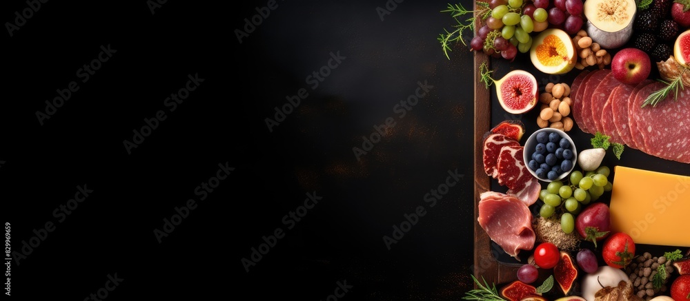 Poster top view of a dark background with a cheese fruit and meat board on it creating a visually appealing