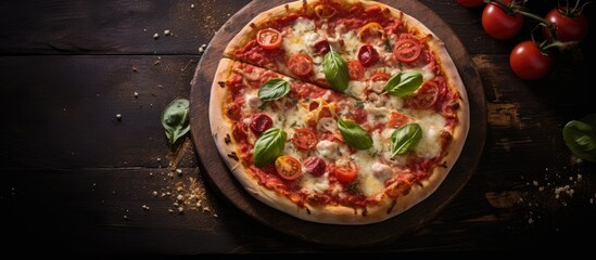 Italian style homemade pizza with a rustic background texture for the perfect copy space image