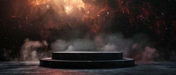 Futuristic pedestal or stage with bright lights and smoke.