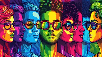 Obraz premium Pop artist illustration Females and males photos on colorful background pride day concept