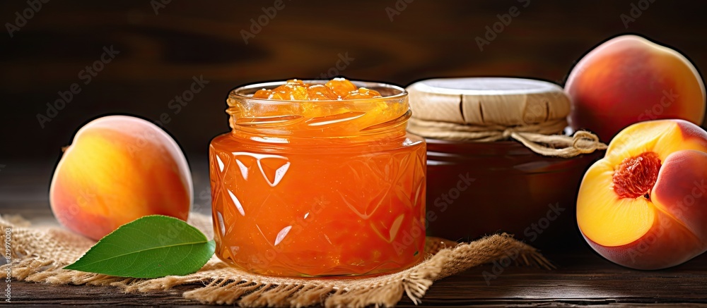 Poster copy space image of delicious peach jam displayed on a rustic wooden background
