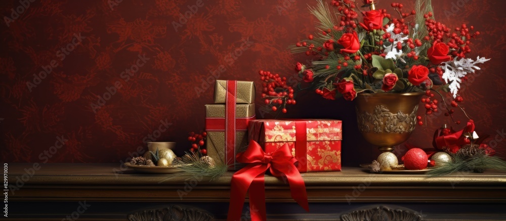 Poster festive holiday setting showcasing a well crafted arrangement featuring a christmas present alongsid