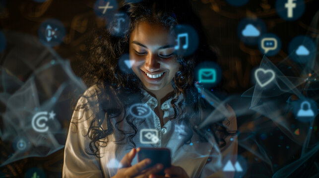 Uma mulher acessando redes sociais em seu smartphone