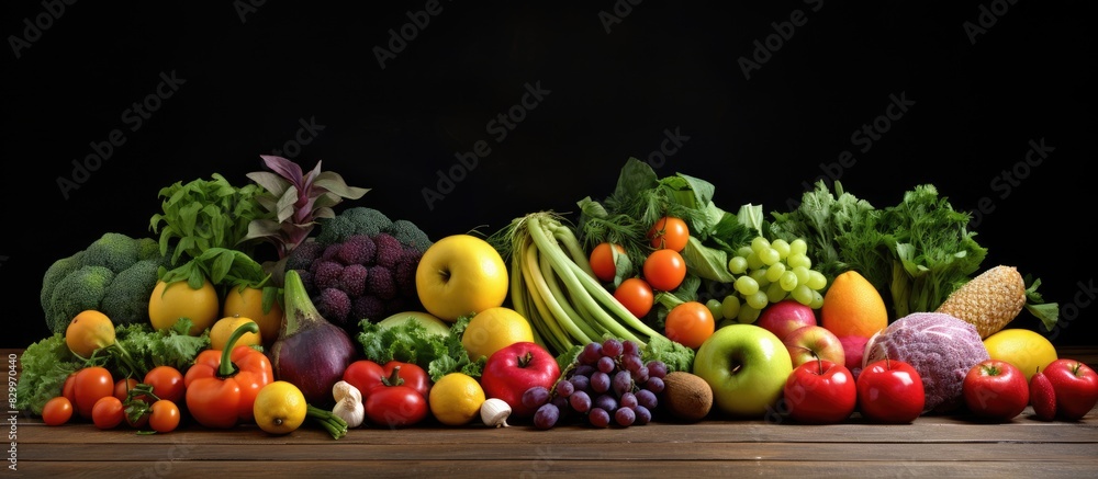 Poster a copy space image of a diverse assortment of fruits and vegetables is captured in a studio photogra