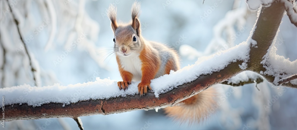 Poster A European brown squirrel with its winter fur sits on a branch in the forest creating a captivating copy space image