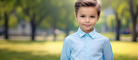A little boy wearing a blue shirt stands in a summer park posing for a portrait with a picturesque...