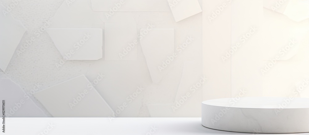 Poster close up of a white stone podium with copy space image for showcasing cosmetics on a white backgroun