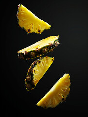 Naklejka premium Delicious-looking image of pineapple slices. Free fall from space. Black background.