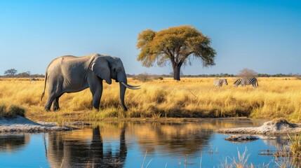 Fototapeta premium Majestic African Elephant at a Waterhole with Zebras in the Serengeti under a Clear Blue Sky, Perfect for Wildlife Posters and Prints