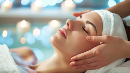 Relaxed woman receiving a rejuvenating beauty massage in a serene beauty salon setting. Ideal for promoting wellness, spa services, and self-care routines, capturing the essence of relaxation