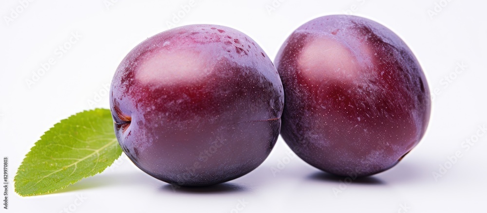 Poster Close up shot of a kernel less smooth skinned purple plum fruit isolated on a white background Copy space available for text or images