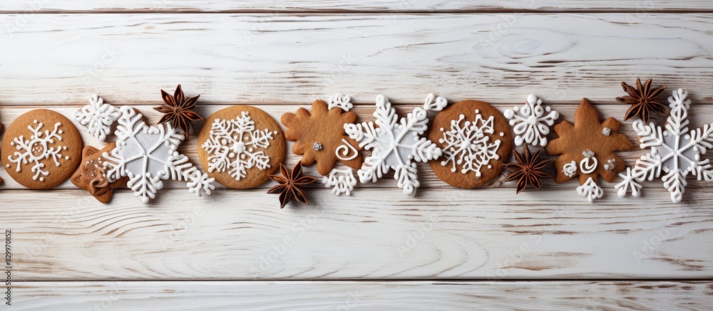 Poster a festive copy space image featuring a top view of beautifully ornamented christmas cookies arranged