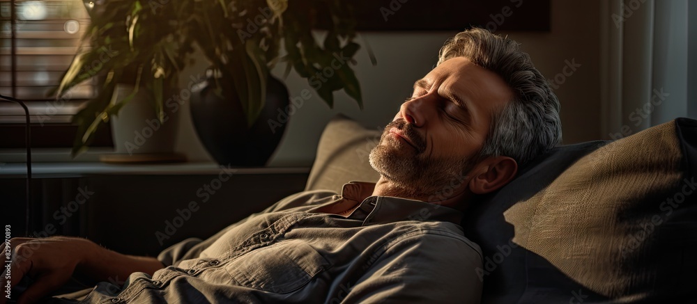 Poster middle aged man peacefully relaxing on the couch at home with his eyes closed finding solace after a