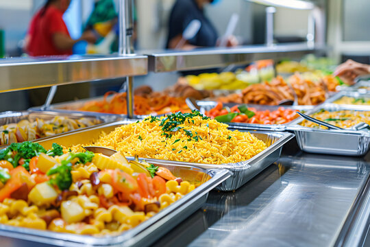 assortment food in modern school canteen on trays