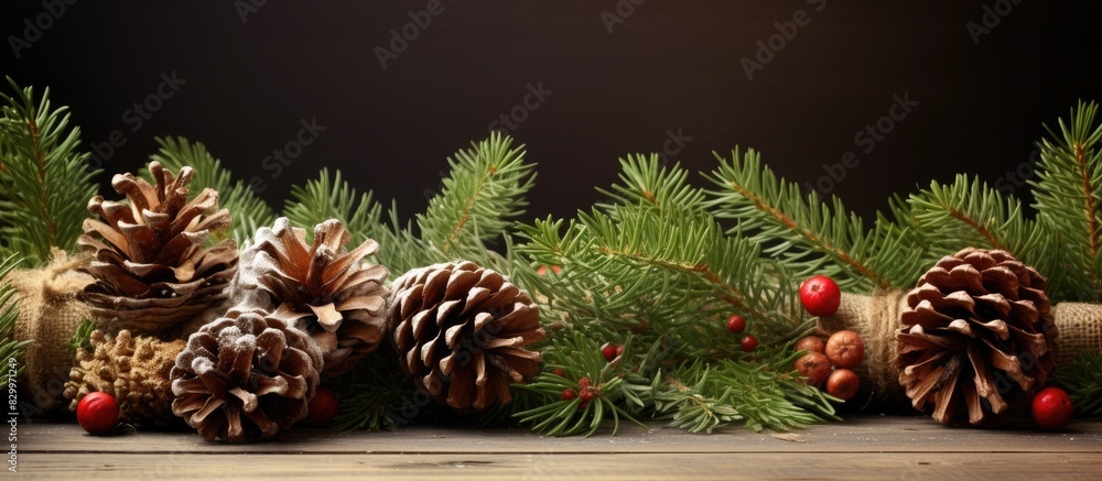 Aufkleber A festive greeting card featuring Christmas pinecones and a fir tree with a copy space image for personalization