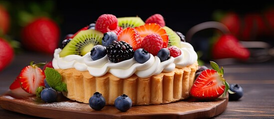 Delicious pastry with a medley of fresh fruits and a creamy filling perfect for indulgence copy space image