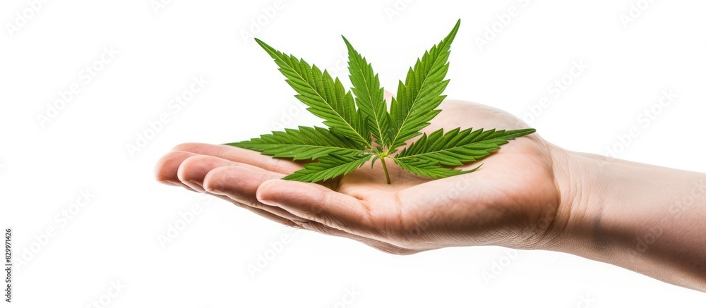 Poster A close up isolated image of a cannabis leaf being held by a hand with a white background There is space available for writing or other additions within the image. with copy space image