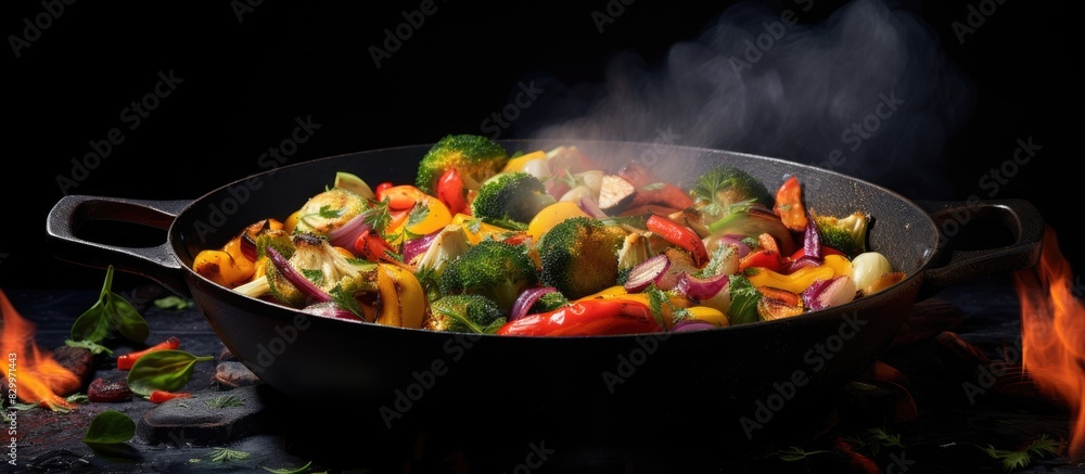 Poster A delicious assortment of vegetables is sizzling in a frying pan set against a dark background. with copy space image. Place for adding text or design