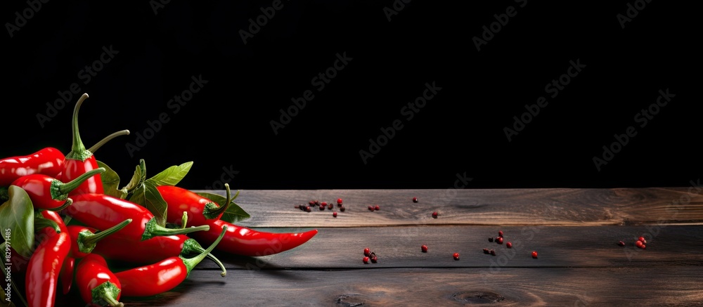 Poster a copy space image featuring red chilli peppers resting on a sleek black wooden table