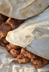Barbecue lula kebab with lavash, large, vertical