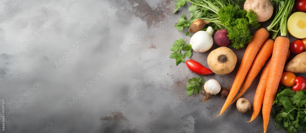 Poster Light grey table flat lay with parsnips carrots and assorted products Ample copy space image available
