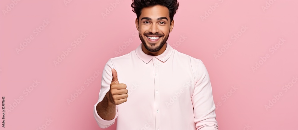 Aufkleber Excited young Hispanic man with a happy smile stands over a pink background pointing with open palms towards copy space ready to present an advertisement