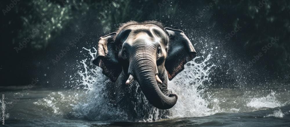Aufkleber An elephant splashing and bathing in the water creating a refreshing and playful scene captured in a photo with ample copy space