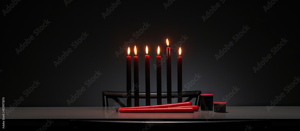Poster an isolated black table features a medium holding a match burning candles and a cropped view with co