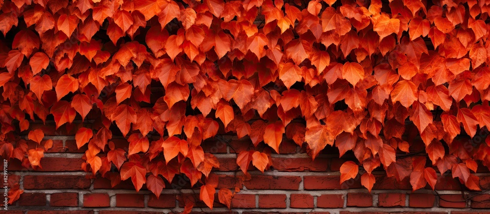 Poster image of a brick wall covered in vibrant orange leaves providing an eye catching autumn display. wit