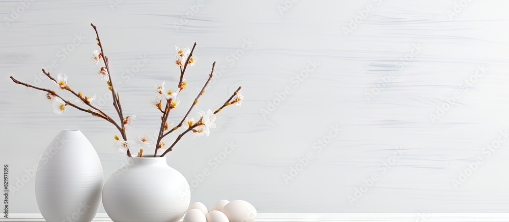 Poster A front view of a white modern vase with a branch adorned with Easter eggs makes for an Easter background with ample space for a greeting text