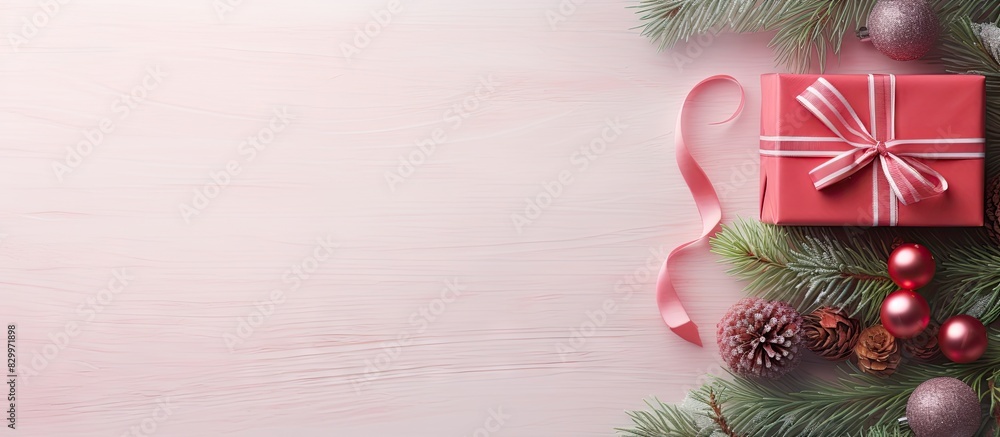 Aufkleber a festive pink flat lay background for christmas featuring a gift box red decorations and a branch o