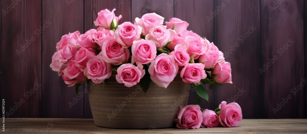 Poster a beautiful bouquet of pink roses arranged in a basket with a copy space image set against a wooden 