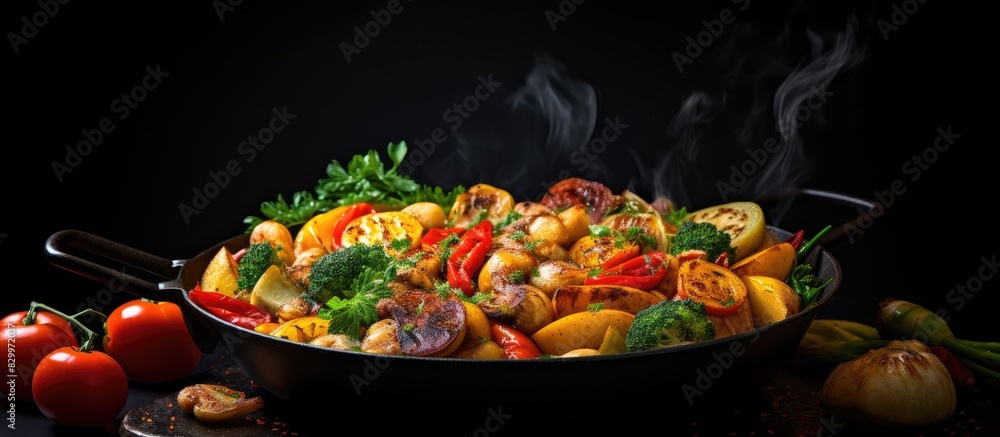 Fototapete A delicious assortment of vegetables is sizzling in a frying pan set against a dark background. with copy space image. Place for adding text or design