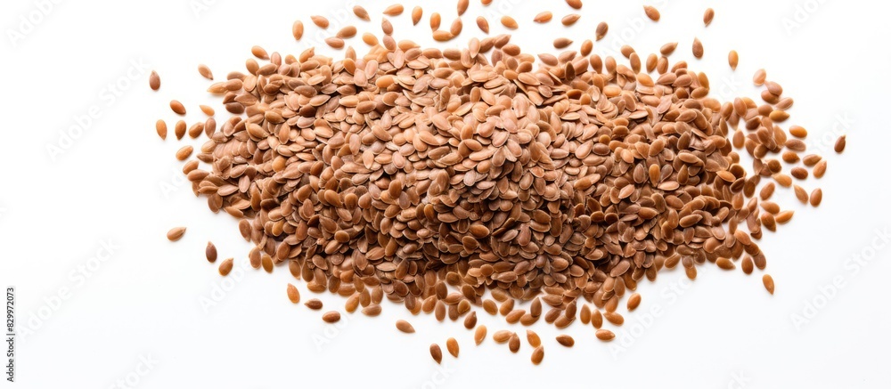 Poster a healthy food concept featuring a white background with raw flax seeds scattered in a random patter