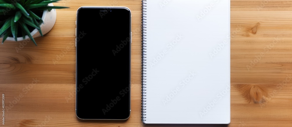 Poster a copy space image featuring a panoramic photograph of a pen and smartphone on a wooden surface with